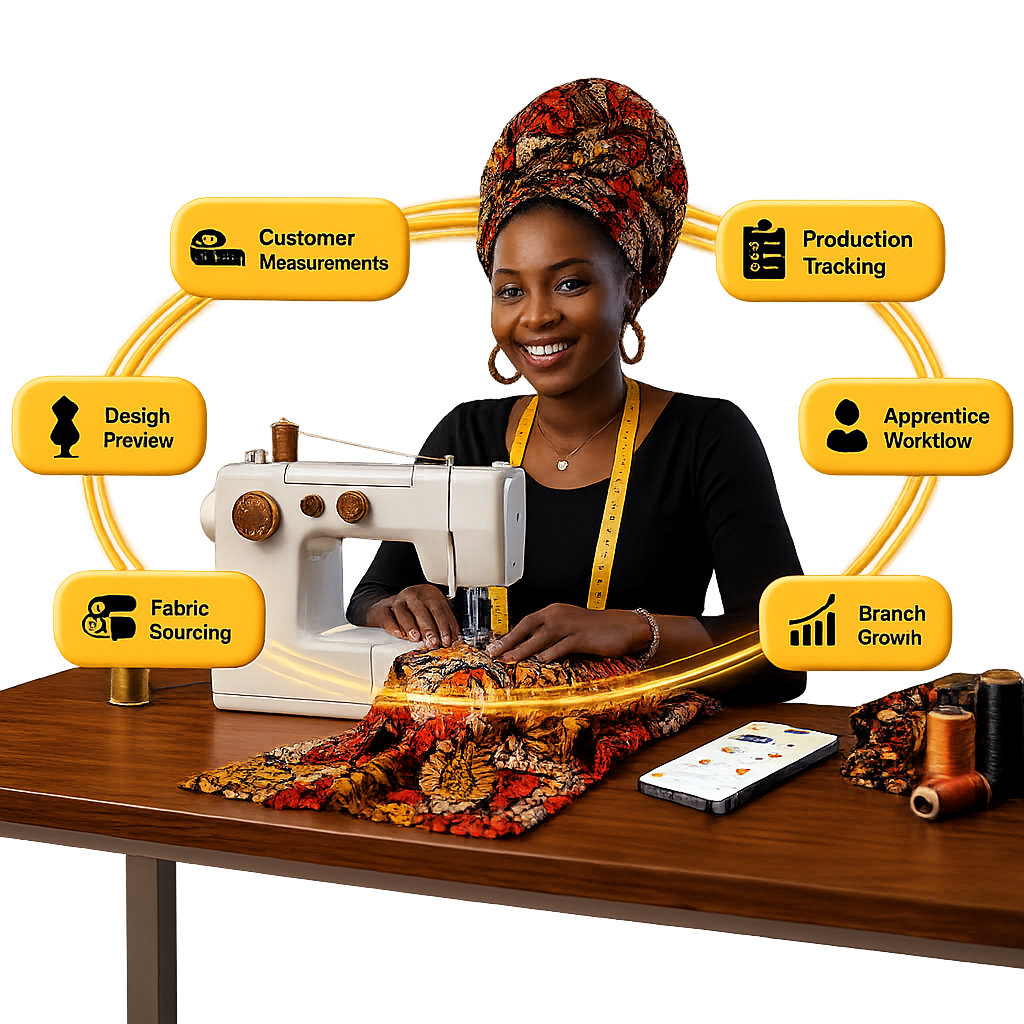A Nigerian tailor at her sewing machine surrounded by Desby workflow callouts: customer measurements, design preview, production tracking, fabric sourcing, apprentice workflow and branch growth.