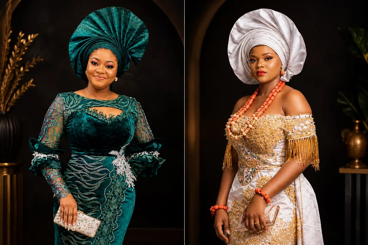 Two women in Nigerian ceremonial attire, one in teal lace and one in white and gold beading