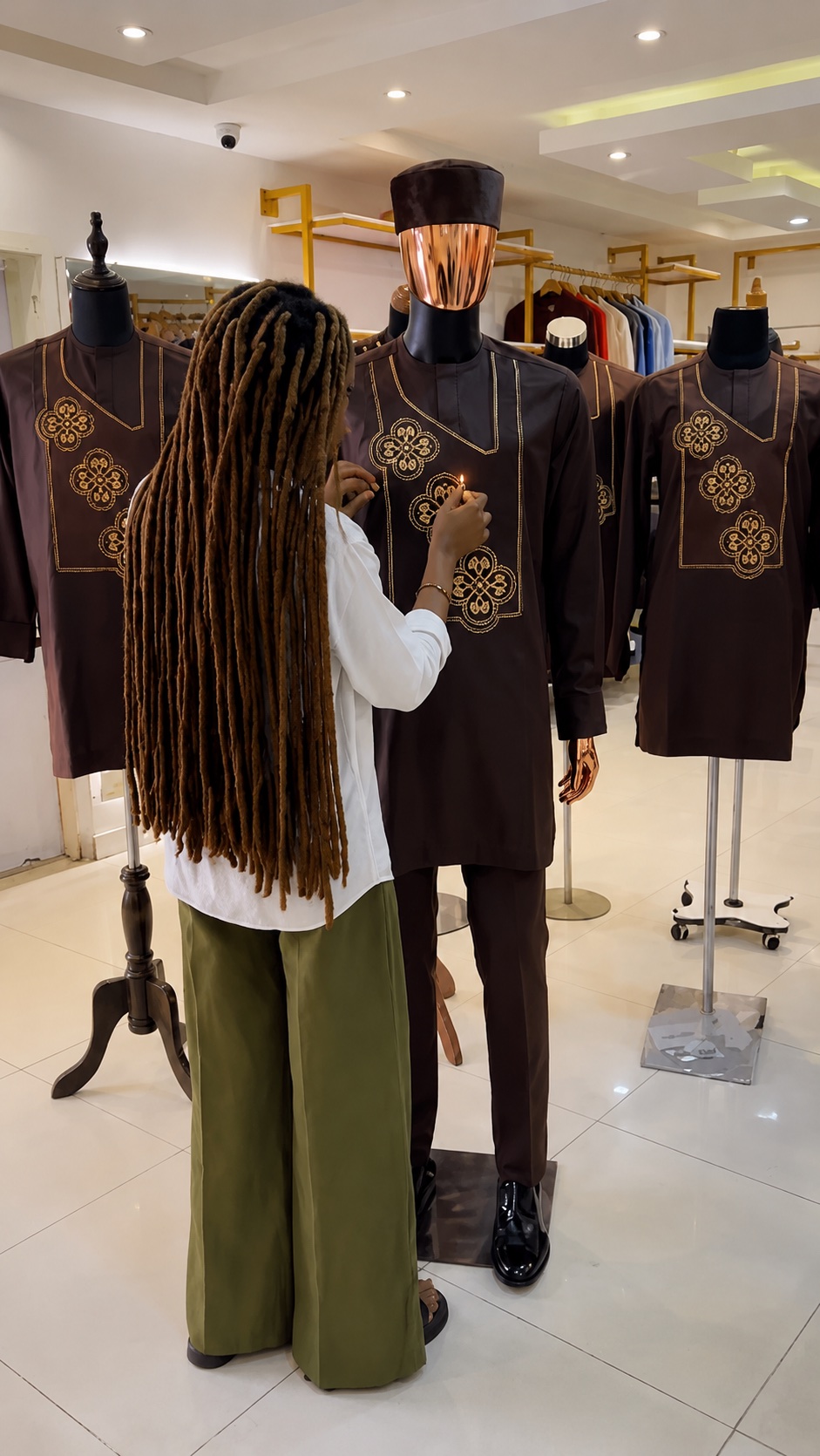 Tailor arranging senator outfits on mannequins in her boutique
